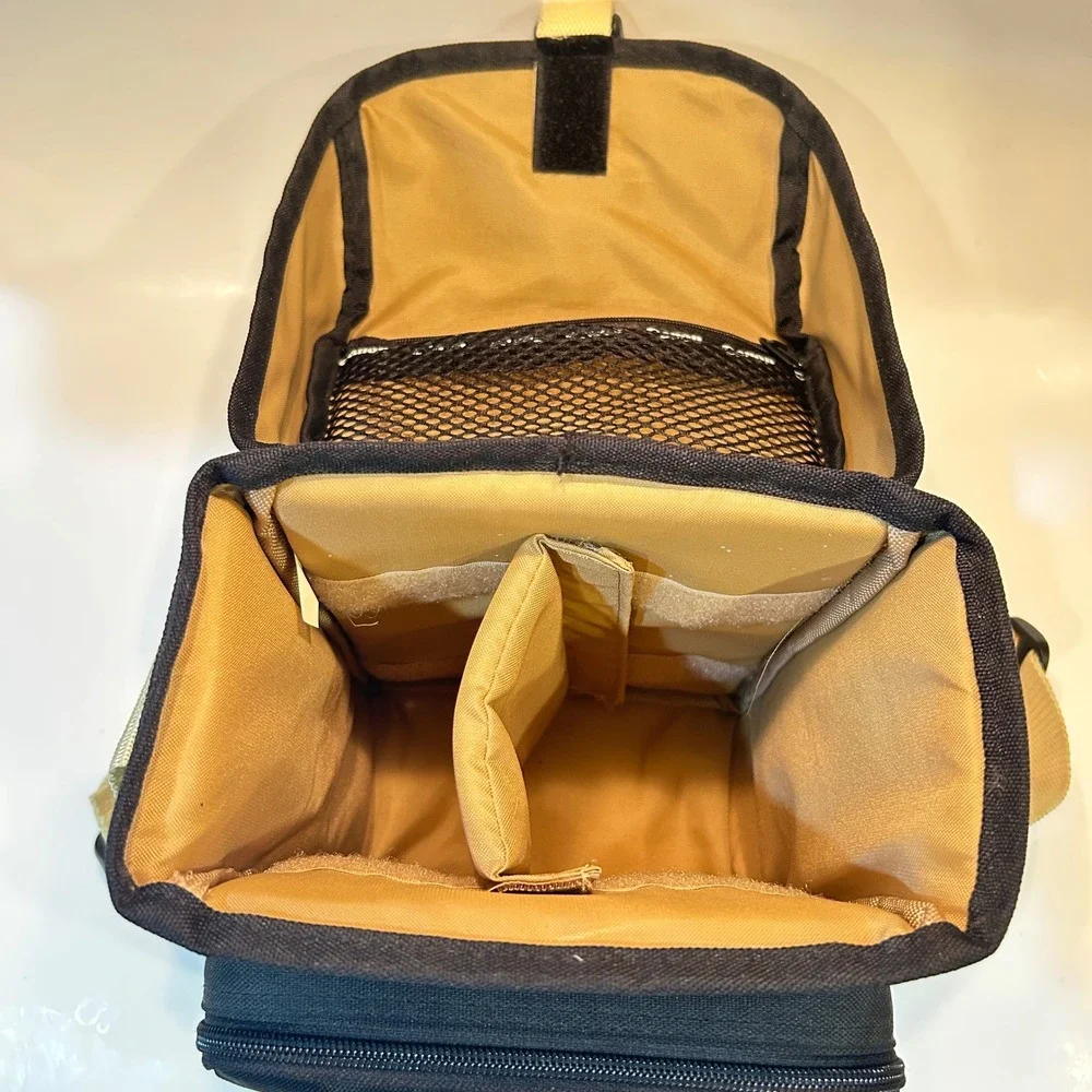 Canon Camera Shoulder Bag Black Canvas Tan Strap Padded Case with Divider